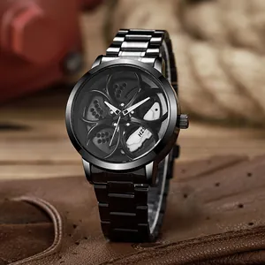 Men's Sporty Car Wheel Hub Design Rotating Quartz Watch Alloy Case Stainless Steel Buckle Fashion Racing Wristwatch