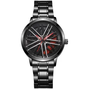 Macro-opname van herenhorloge met 3D-draaiende autovelg wijzerplaat en rode remklauw