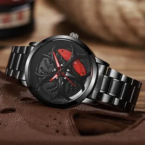 Men's car wheel rim watch with rotating dial and red brake caliper on leather