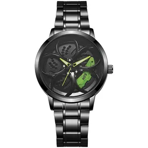 Detail of 3D car rim dial watch featuring neon green brake calipers and black steel strap