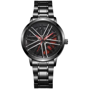 Stijlvol zwart herenhorloge van roestvrij staal met 3D-draaiende racewielvelg-wijzerplaat