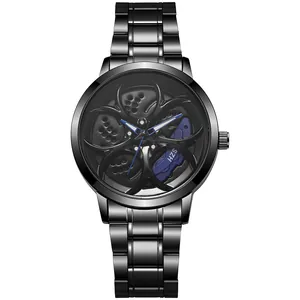 Detailed macro view of the 3D rotating car wheel hub watch face with blue brake calipers