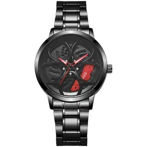 Macro detail of quartz watch featuring a rotating car wheel hub and red brake caliper