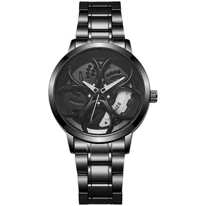 Macro shot of car wheel rim watch dial with rotating hub design and luminous hands
