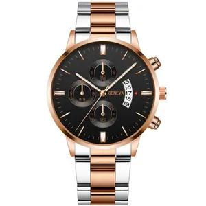 Primer plano detallado del reloj Geneva para hombre con esfera negra y calendario