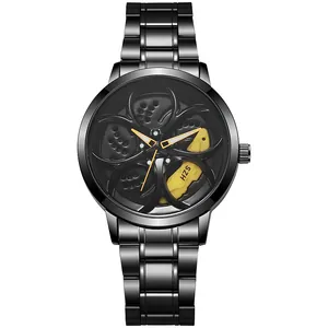 Detailed macro view of the 3D rotating car wheel rim dial with yellow brake caliper