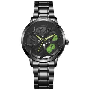Cool men's racing wheel hub quartz watch with rotating inner ring and green calipers