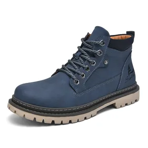 Men's navy blue high-top work boots with matte suede finish and thick rubber lug sole