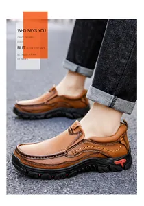 Detail of dark brown leather outdoor loafer with sturdy rubber sole and precise stitching