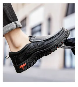 Detail of outdoor leather casual shoes with hand-stitched seams and anti-slip rubber sole