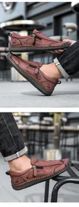 Details von braunen Leder-Loafers für Herren mit Handnähten und seitlichem Reißverschluss