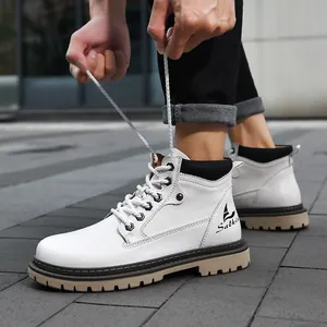Men's stylish white leather high-top Martin boots with durable beige rubber lug soles