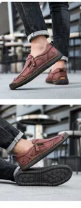 Detailansicht brauner Leder-Loafer mit handgefertigten Nähten und Reißverschluss-Akzenten