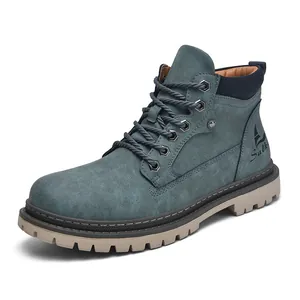 Men's stylish mid-top blue nubuck work boots with thick anti-slip rubber sole