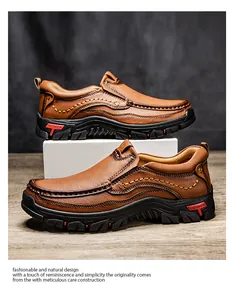 Detailed macro view of brown leather outdoor shoes with durable non-slip rubber soles
