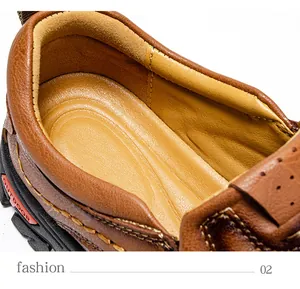 Detail view of premium brown leather outdoor shoe with ergonomic insole and arch support