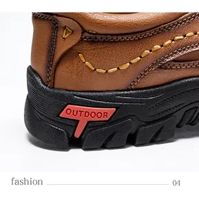 Macro detail of brown leather outdoor shoe featuring contrast stitching and anti-slip rubber sole
