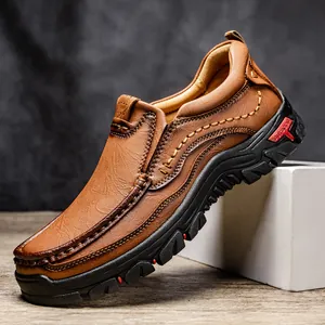 Men's dark brown leather outdoor hiking shoes with durable rubber soles for casual wear