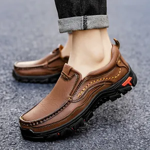 Men's outdoor dark brown leather casual shoes with slip-on design and anti-slip rubber sole