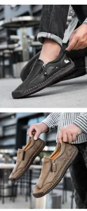 Detailansicht handgenähter Leder-Loafer mit Reißverschluss und Gummisohlen-Textur