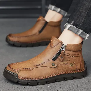 Men's retro brown leather ankle boots with side zipper and handmade stitching