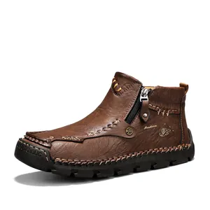 Men's fashion brown leather ankle boots with hand-stitched details and side zipper closure