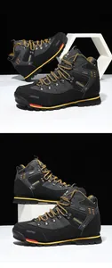 Detalle de botas de montaña altas y resistentes con paneles de cuero y cordones amarillos