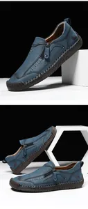 Details handgefertigter blauer Leder-Loafer mit grober Naht und robuster Gummisohle