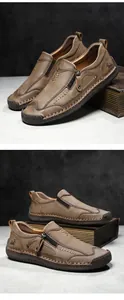 Detailansicht brauner Slipper aus Leder mit Handnähten und seitlichem Reißverschluss