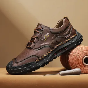 Men's handmade stitch casual leather shoes in dark brown with fashion laces and rubber sole