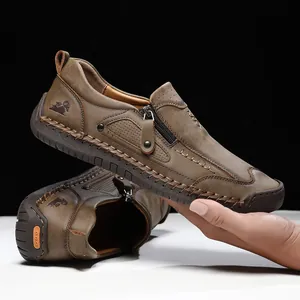 Mocassins Décontractés en Cuir Microfibre pour Hommes Avec Fermeture Éclair Latérale Cousus Main Respirants Semelle en Caoutchouc Antidérapante Chaussures de Marche