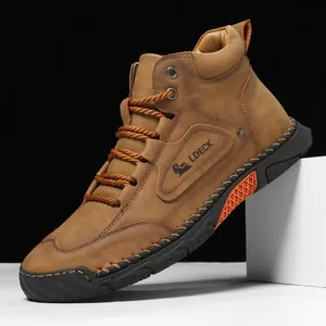 Brown high-top leather boots for men with orange honeycomb sole and stitching