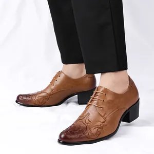 Men's retro brown leather Cuban shoes with embroidered gradient toe and block heel