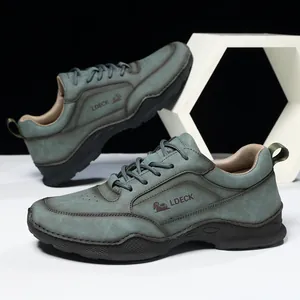 Herren-Freizeitschuhe aus Leder in Graublau mit rutschfester, dicker Gummisohle