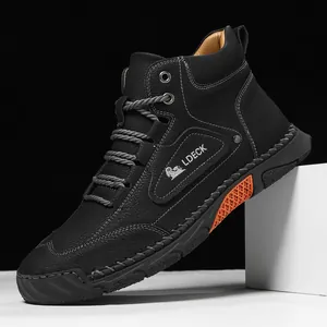 Men's high-top black leather boots with lychee grain texture and orange anti-slip sole detail