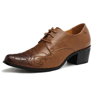 Brown gradient men's Cuban heels with vintage embroidery and elegant pointed toe