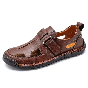 Sandalias de cuero marrón para hombre con diseño transpirable y suela de goma flexible
