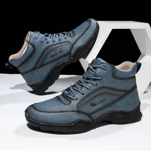 Bottes montantes pour hommes en cuir PU bleu avec lacets et semelles antidérapantes