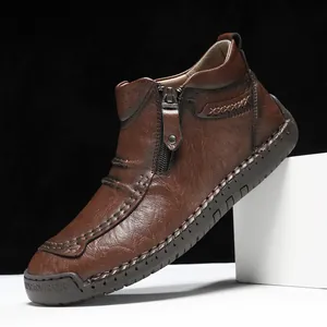 Men's British Style Casual Mid-Top Short Boots with Side Zipper Hand Stitched Breathable Microfiber Rubber Sole Flat Shoes