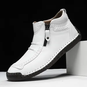 Men's white leather high-top casual boots with zipper and hand-stitched detailing