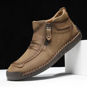 Brown vintage men's outdoor casual boots with side zipper and rugged handmade stitching