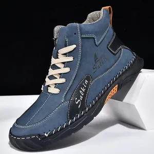 Bottines hautes en daim bleu pour hommes avec semelle en caoutchouc et coutures blanches chic
