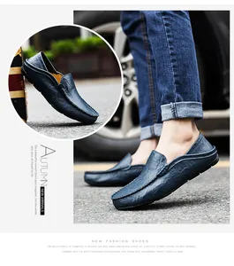 Detail of dark blue leather loafers with textured finish and stitching for men