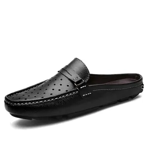 Herren Maultier-Schuhe aus Spaltleder Atmungsaktive Perforierte Geschlossene Zehen Rückenfreie Loafer Casual Fahrpantoletten Slipper Sommer Britischer Stil