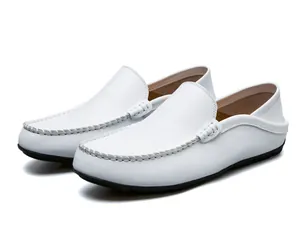 Macro detail of white leather loafers showing heavy-duty stitching and textured side straps