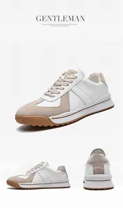 Detail view of white leather and beige suede sneakers with rubber soles from three angles