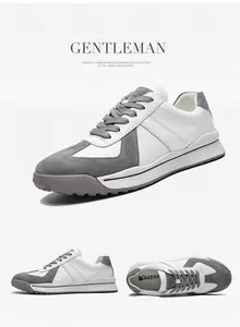 Close-up of leather and grey suede textures on a minimalist breathable trainer
