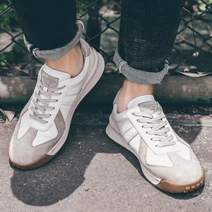 Retro cream and grey men's casual sneakers with gum sole and breathable toe box
