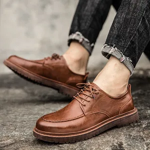 Zapatos casuales de cuero marrón para hombre con cordones y suelas de goma antideslizantes