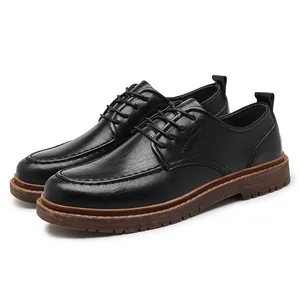 Zapatos derby clásicos de cuero negro para hombre con suelas gruesas marrones antideslizantes